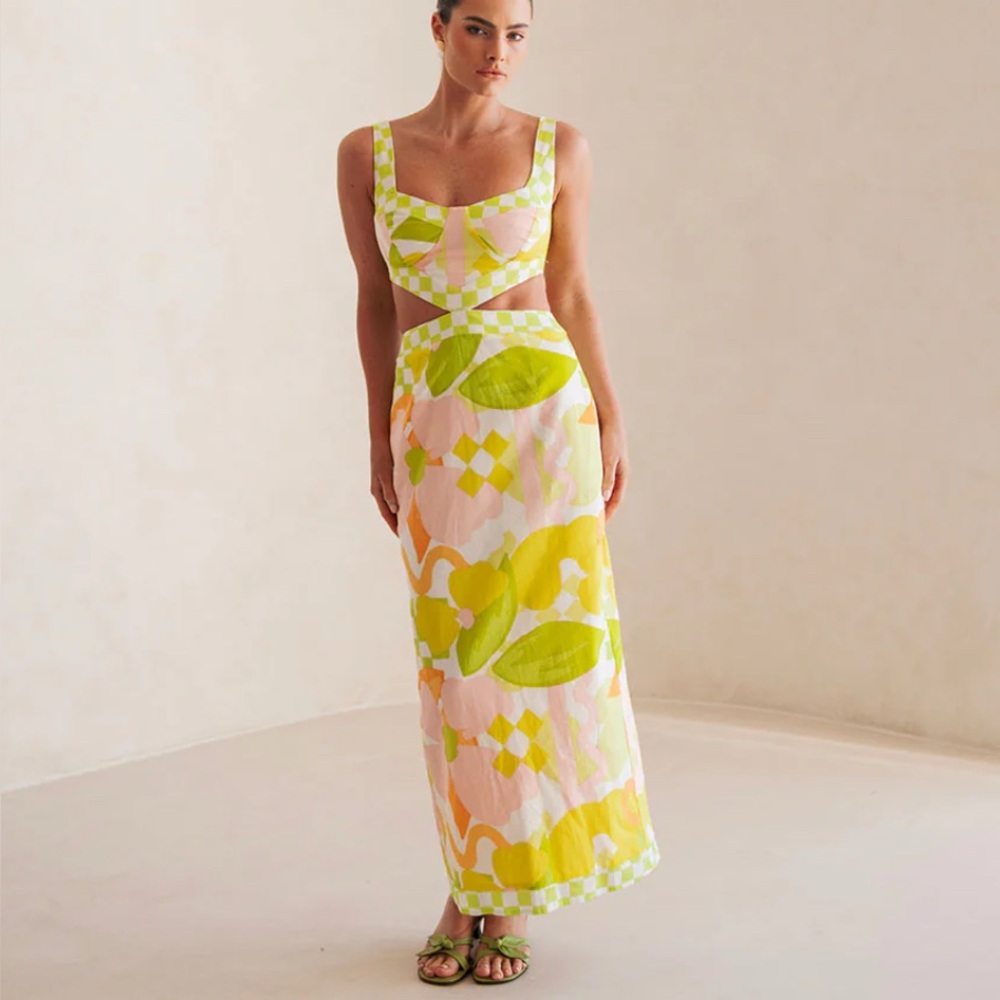 Bright pattern maxi dress with cutouts NWT